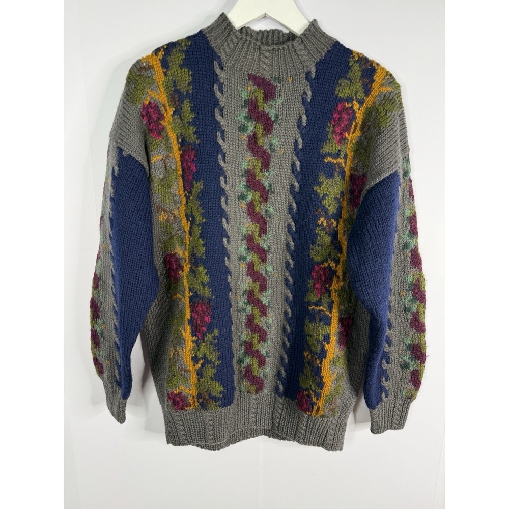 Vtg Vitruvian Designs Handknit Wool Sweater Womens Sz 1 L XL Chunky Floral